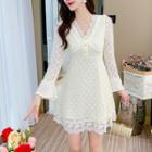 Bell-sleeve V-neck Lace Mini A-line Dress