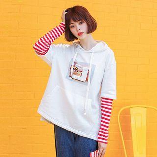 Mock Two-piece Striped Panel Print Hoodie As Shown In Figure - One Size