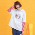 Mock Two-piece Striped Panel Print Hoodie As Shown In Figure - One Size