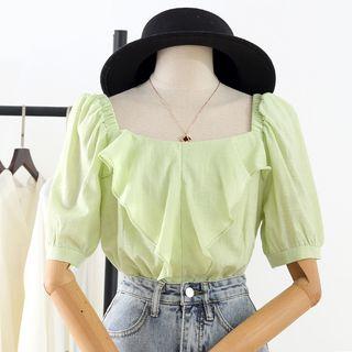 Square-neck Ruffled Short-sleeve Blouse