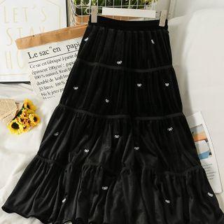 Ribbon-accent Velvet Midi Skirt Black - One Size