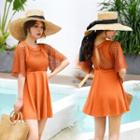 Cut-out Back Elbow-sleeve Swimdress