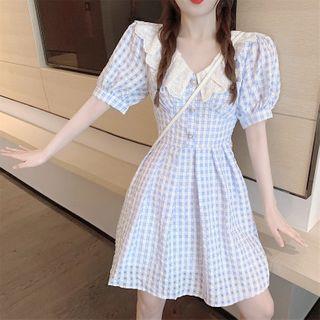 Puff Sleeve Lace Collar Check A-line Dress