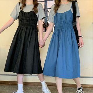 Short-sleeve Mock Two-piece Midi A-line Dress