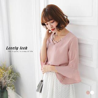 Pearled Bell-sleeved Chiffon Blouse