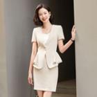 Short-sleeve Peplum Jacket / Camisole Top / Mini Pencil Skirt / Set
