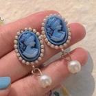 Embossed Alloy Faux Pearl Dangle Earring Faux Pearl & Embossed - White & Blue - One Size