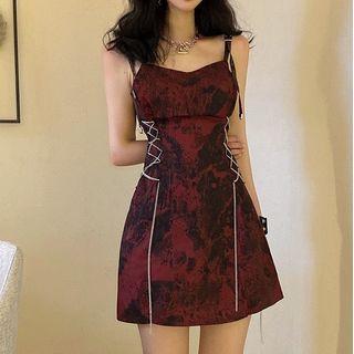 Spaghetti Strap Lace-up Tie-dye Mini A-line Dress