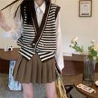 Striped Double-breasted Sweater Vest / Pleated Mini A-line Skirt / Shirt