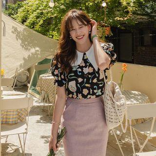 Asymmetric-collar Floral Print Blouse Black - One Size