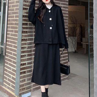 Plain Hooded Jacket / Midi A-line Skirt / Set