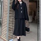 Plain Hooded Jacket / Midi A-line Skirt / Set