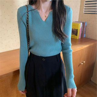 Notch Neck Ribbed Knit Top