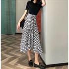 Mock-two Check Short-sleeve Slim-fit Dress As Figure - One Size
