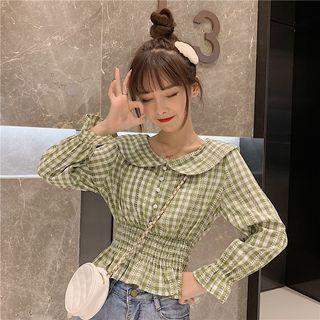 Long-sleeve Smocked Buttoned Plaid Top