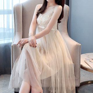 Sequined Spaghetti Strap Dress / Dotted Lace-up Light Jacket