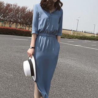 Open-placket Elbow-sleeve Midi Shift Dress