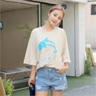 Drop-shoulder Dolphin Print T-shirt