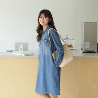 Pocket-detail Denim Shirtdress Blue - One Size