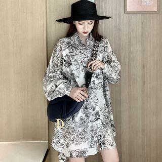 Long-sleeve Printed Mini Shirtdress As Shown In Figure - One Size