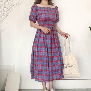 Short-sleeve Off Shoulder Plaid A-line Midi Dress