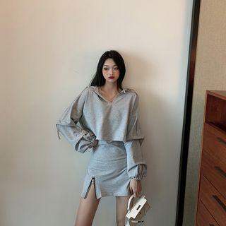 Hooded Plain Cropped Sweatshirt / Spaghetti-strap Plain Side Slit Dress