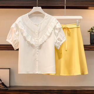 Set: Short-sleeve Ruffle Trim Blouse + Mini Skirt