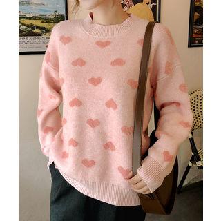 Drop-shoulder Heart-patterned Sweater Pink - One Size