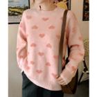 Drop-shoulder Heart-patterned Sweater Pink - One Size