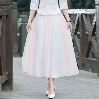 Midi Flower Embroidered A-line Skirt White - One Size