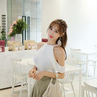 Cutaway-shoulder Ruffle-trim Top
