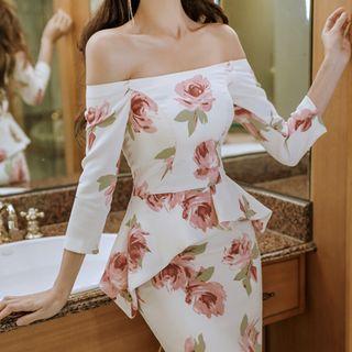 Off-shoulder Flower Sheath Dress