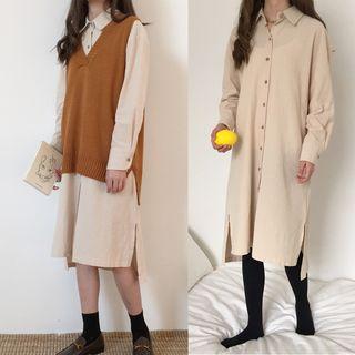 Long Sleeve Plain Shirt Dress Almond - One Size