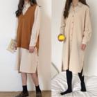 Long Sleeve Plain Shirt Dress Almond - One Size