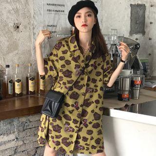 Patterned Notch Lapel Elbow-sleeve Mini Shirtdress As Shown In Figure - One Size