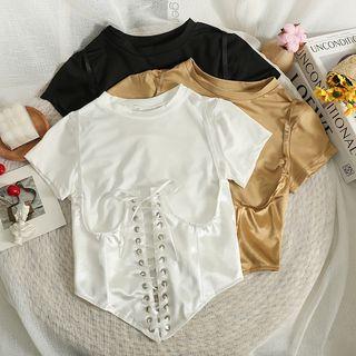 Set: Short-sleeve Cropped T-shirt + Lace Up Camisole Top