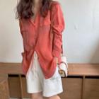 Long-sleeve Plain Shirt Red - One Size