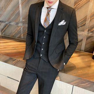 Set: Plaid Blazer + Vest + Straight Leg Dress Pants