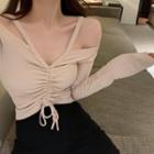 Cold-shoulder Long-sleeve Drawstring Cropped T-shirt Almond - One Size