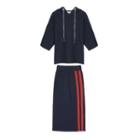 Set: 3/4-sleeve Hooded Top + Striped Midi Skirt