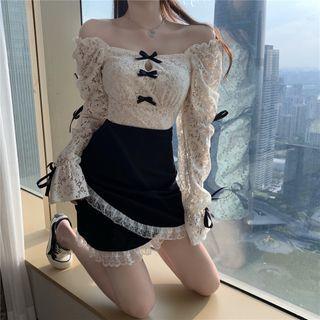Bell-sleeve Off-shoulder Lace Top / Mini Pencil Skirt