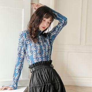Flower Print Long-sleeve T-shirt Daisy - Blue - One Size