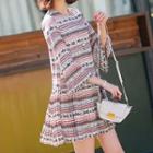 Patterned Pleated Long-sleeve Dress