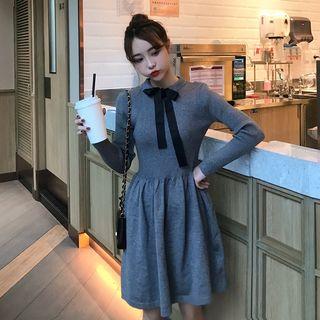 High-waist Sheath Bow Medium Long Long-sleeve Dress
