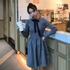 High-waist Sheath Bow Medium Long Long-sleeve Dress