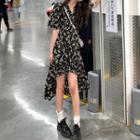 Short-sleeve Flower Print Asymmetrical A-line Dress