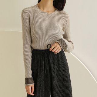 Color-block Cuff Asymmetric-collar Knit Top
