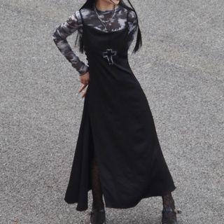 Spaghetti Strap Cross Print Maxi A-line Dress / Long-sleeve Ink Print Top / Set