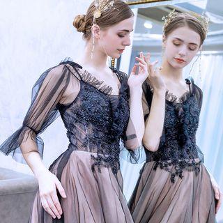 Elbow-sleeve Beaded Embroidery A-line Evening Gown