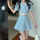 Short Sleeve Plaid Blazer / High Waist Plaid A-line Skirt